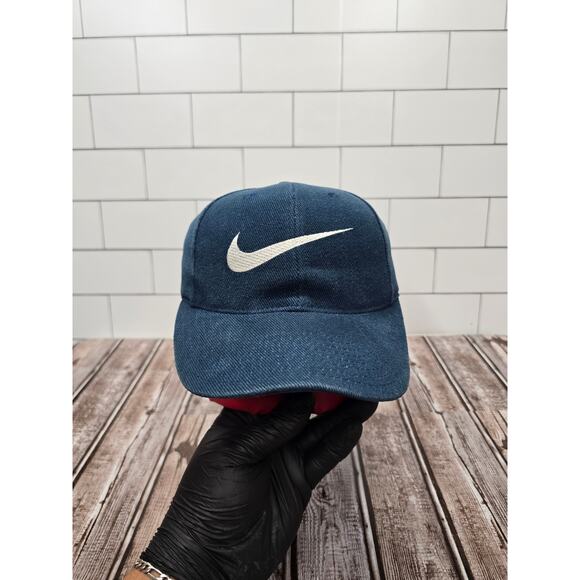 Nike Vintage Silver Center Swoosh Plain Logo Adjustable Blue Snapback Hat - Picture 1 of 9